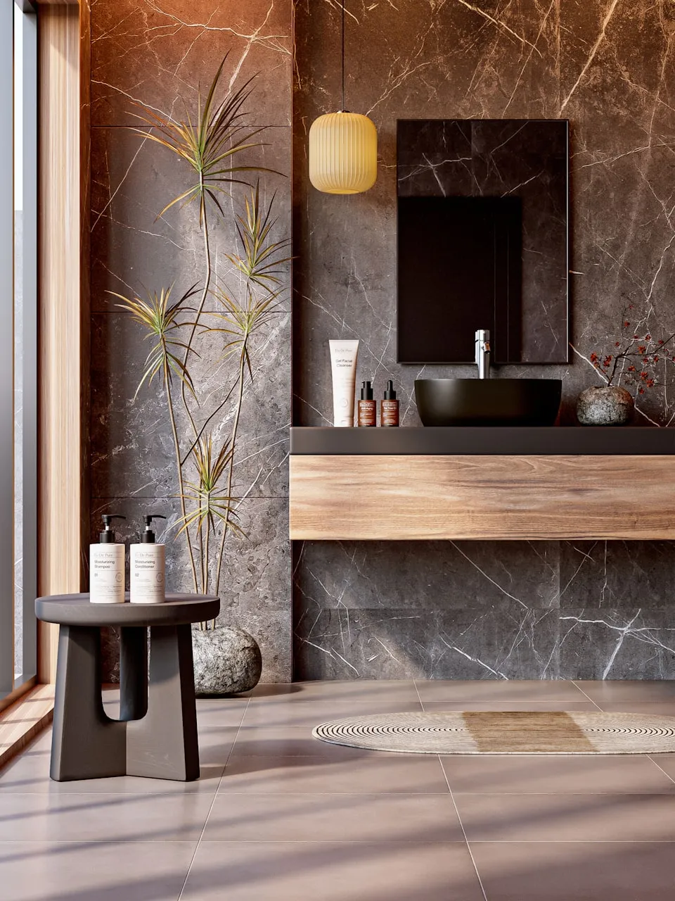 Baño elegante con paredes de mármol